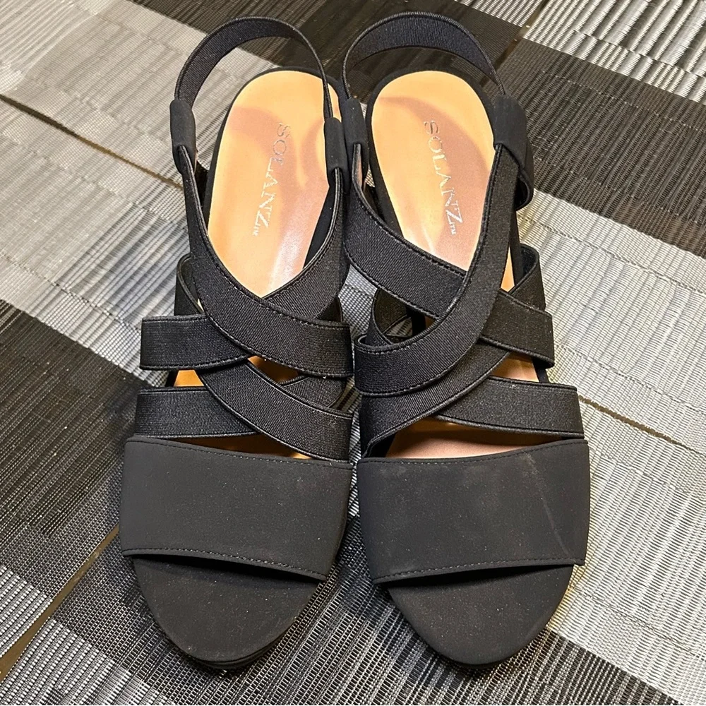 Solanz Kali Dress Heeled Platform Open Toe Sandals Slip On Strappy 9M Black